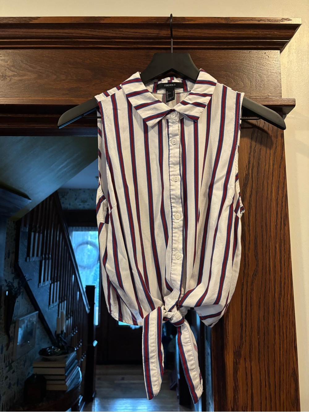 Forever 21 White Striped Tie-Front Button-Down Top